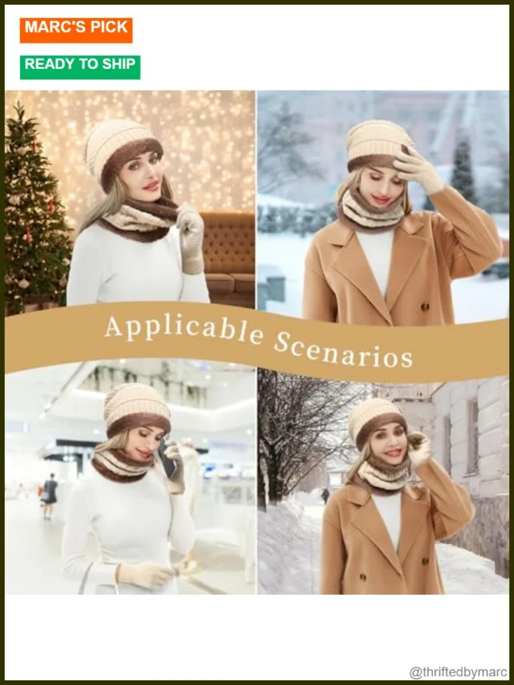 Winter Beanie Hat with Scarf and Touchscreen Gloves Set 3-Piece Fleece Lined